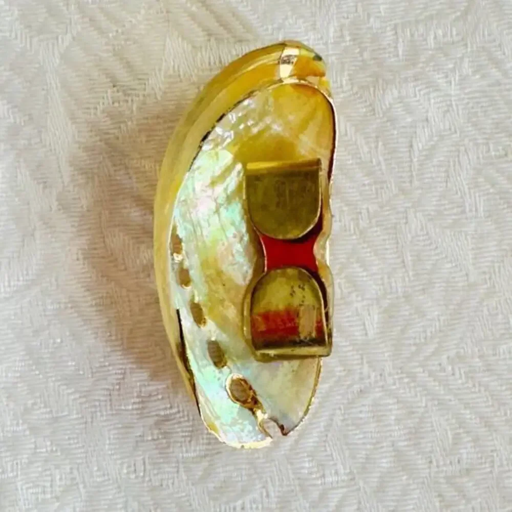 Gilded White Abalone Shell Scarf Slide Gold Painted Accents Shell Clip 1990’s